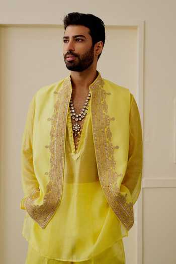Gopi Vaid Yellow Tussar, Chanderi, Satin, Linen Embroidery, Zari Aarav Bundi And Kurta Set at Aza Fashions Gopi Vaid_Yellow Tussar, Chanderi, Satin, Linen Embroidery, Zari Aarav Bundi And Kurta Set _at_Aza_Fashions