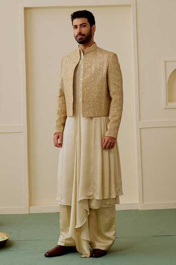 Buy Gopi Vaid Ivory Satin, Linen, Tussar Varun Embroidered Jacket And Kurta Set Online at Aza Fashions Buy_Gopi Vaid_Ivory Satin, Linen, Tussar Varun Embroidered Jacket And Kurta Set _Online_at_Aza_Fashions