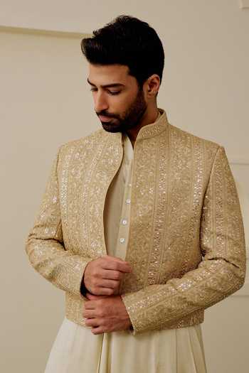 Shop Gopi Vaid Ivory Satin, Linen, Tussar Varun Embroidered Jacket And Kurta Set Online at Aza Fashions Shop_Gopi Vaid_Ivory Satin, Linen, Tussar Varun Embroidered Jacket And Kurta Set _Online_at_Aza_Fashions