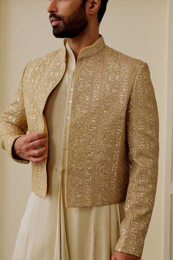 Gopi Vaid Ivory Satin, Linen, Tussar Varun Embroidered Jacket And Kurta Set at Aza Fashions Gopi Vaid_Ivory Satin, Linen, Tussar Varun Embroidered Jacket And Kurta Set _at_Aza_Fashions