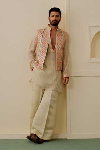 Buy_Gopi Vaid_Pink Tussar, Organza, Satin, Linen Embroidery Vyomm Bundi And Kurta Set _Online_at_Aza_Fashions