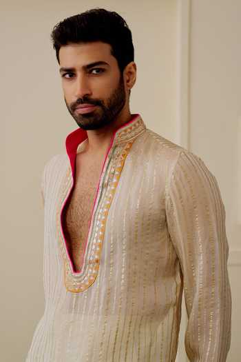 Shop_Gopi Vaid_Pink Tussar, Organza, Satin, Linen Embroidery Vyomm Bundi And Kurta Set _Online_at_Aza_Fashions