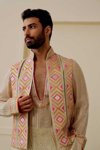 Gopi Vaid_Pink Tussar, Organza, Satin, Linen Embroidery Vyomm Bundi And Kurta Set _at_Aza_Fashions