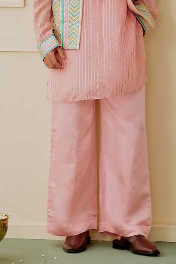 Gopi Vaid_Pink Tussar, Organza, Satin, Linen Embroidery Vyomm Bundi And Kurta Set _Online_at_Aza_Fashions