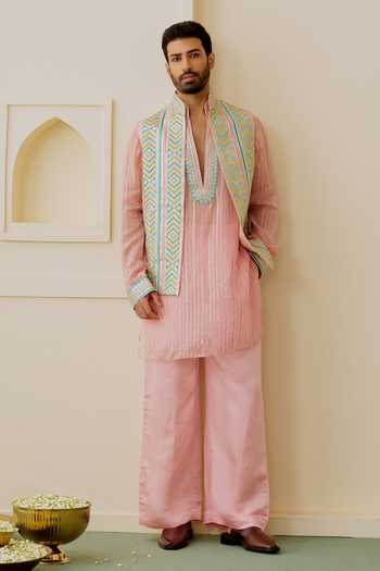 Buy_Gopi Vaid_Pink Tussar, Organza, Satin, Linen Embroidery Vyomm Bundi And Kurta Set _Online_at_Aza_Fashions
