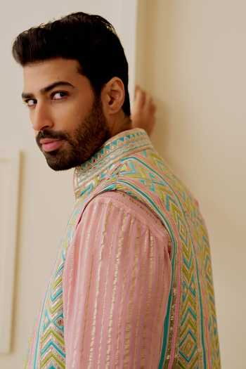 Shop_Gopi Vaid_Pink Tussar, Organza, Satin, Linen Embroidery Vyomm Bundi And Kurta Set _Online_at_Aza_Fashions