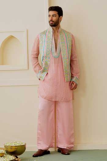 Gopi Vaid_Pink Tussar, Organza, Satin, Linen Embroidery Vyomm Bundi And Kurta Set _at_Aza_Fashions