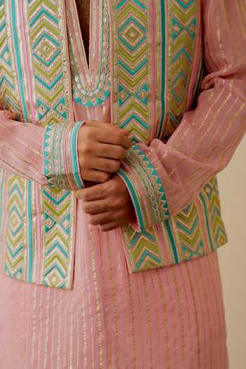 Buy_Gopi Vaid_Pink Tussar, Organza, Satin, Linen Embroidery Vyomm Bundi And Kurta Set 