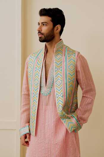 Shop_Gopi Vaid_Pink Tussar, Organza, Satin, Linen Embroidery Vyomm Bundi And Kurta Set 