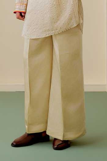 Gopi Vaid_Ivory Organza, Satin, Linen Neer Stripe Embroidered Kurta Set _Online_at_Aza_Fashions