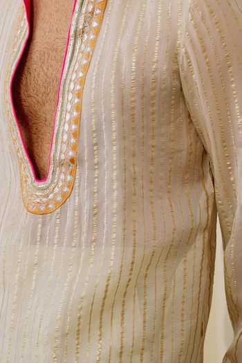 Shop_Gopi Vaid_Ivory Organza, Satin, Linen Neer Stripe Embroidered Kurta Set _Online_at_Aza_Fashions