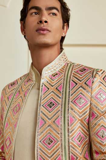 Gopi Vaid_Ivory Satin, Linen, Tussar Aaryan Geometric Embroidered Jacket And Kurta Set _Online_at_Aza_Fashions