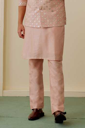 Gopi Vaid_Pink Tussar Embroidery Ayush Bundi And Kurta Set _Online_at_Aza_Fashions