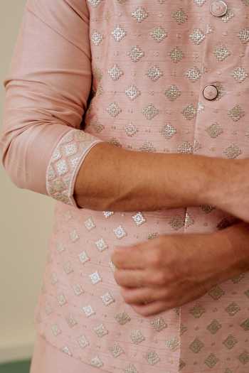 Buy_Gopi Vaid_Pink Tussar Embroidery Ayush Bundi And Kurta Set _Online_at_Aza_Fashions