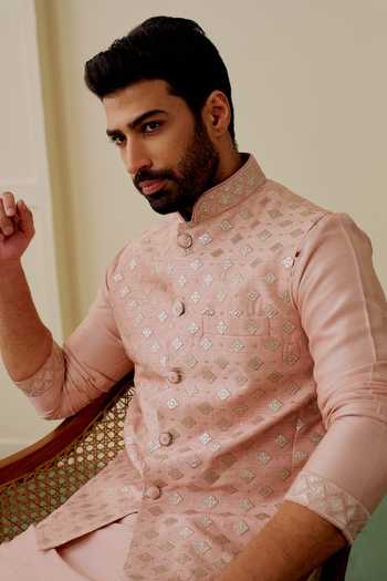 Shop_Gopi Vaid_Pink Tussar Embroidery Ayush Bundi And Kurta Set _Online_at_Aza_Fashions