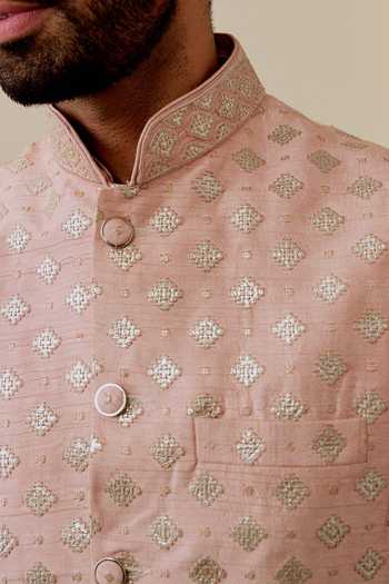 Gopi Vaid_Pink Tussar Embroidery Ayush Bundi And Kurta Set _at_Aza_Fashions