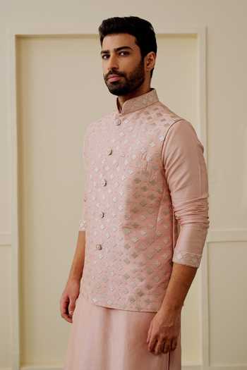 Buy_Gopi Vaid_Pink Tussar Embroidery Ayush Bundi And Kurta Set 