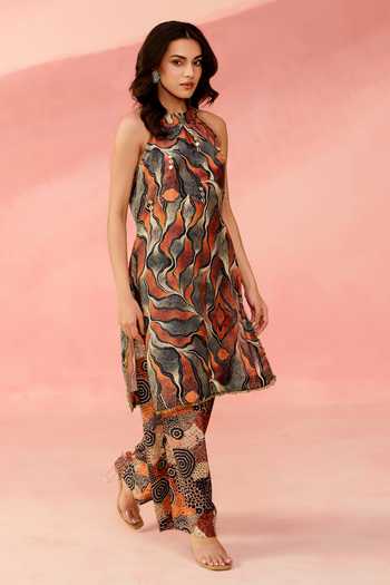 Label Moni K_Orange Crepe Halter Neck, Yes Savanna Circle Print Kurta And Palazzo Set _Online_at_Aza_Fashions