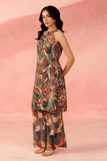 Buy_Label Moni K_Orange Crepe Halter Neck, Yes Savanna Circle Print Kurta And Palazzo Set _Online_at_Aza_Fashions