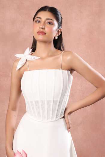 Buy Ozeqo White Net, Neoprene Embroidery Square Neck Nara Printed Skirt With Corset Online at Aza Fashions Buy_Ozeqo_White Net, Neoprene Embroidery Square Neck Nara Printed Skirt With Corset _Online_at_Aza_Fashions