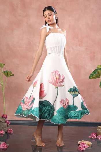 Shop Ozeqo White Net, Neoprene Embroidery Square Neck Nara Printed Skirt With Corset Online at Aza Fashions Shop_Ozeqo_White Net, Neoprene Embroidery Square Neck Nara Printed Skirt With Corset _Online_at_Aza_Fashions