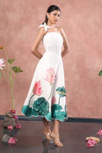 Ozeqo White Net, Neoprene Embroidery Square Neck Nara Printed Skirt With Corset at Aza Fashions Ozeqo_White Net, Neoprene Embroidery Square Neck Nara Printed Skirt With Corset _at_Aza_Fashions