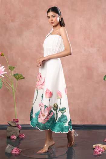 Buy Ozeqo White Net, Neoprene Embroidery Square Neck Nara Printed Skirt With Corset Buy_Ozeqo_White Net, Neoprene Embroidery Square Neck Nara Printed Skirt With Corset