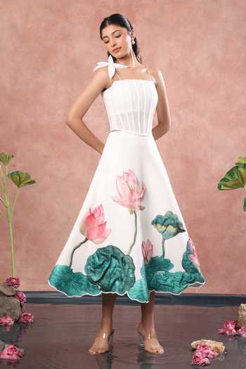 Shop Ozeqo White Net, Neoprene Embroidery Square Neck Nara Printed Skirt With Corset Shop_Ozeqo_White Net, Neoprene Embroidery Square Neck Nara Printed Skirt With Corset