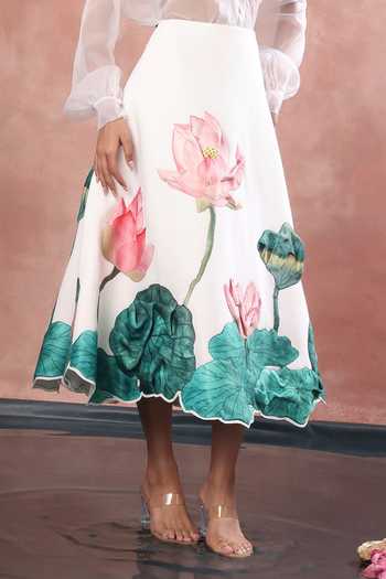 Buy Ozeqo White Net, Neoprene Collared Neck, Nara Printed Skirt Set With Sheer Shirt Online at Aza Fashions Buy_Ozeqo_White Net, Neoprene Collared Neck, Nara Printed Skirt Set With Sheer Shirt _Online_at_Aza_Fashions