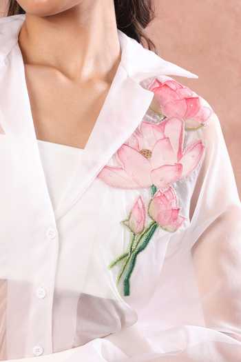 Shop Ozeqo White Net, Neoprene Collared Neck, Nara Printed Skirt Set With Sheer Shirt Shop_Ozeqo_White Net, Neoprene Collared Neck, Nara Printed Skirt Set With Sheer Shirt