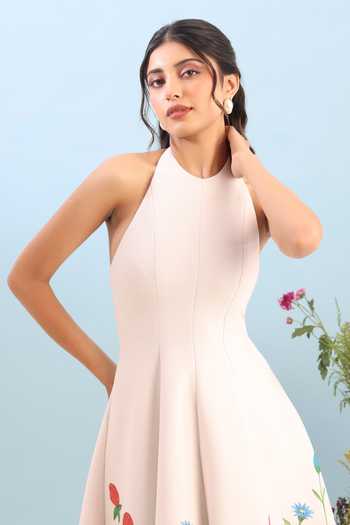 Ozeqo Beige Neoprene Halter Neck Sedona Short Printed Dress Online at Aza Fashions Ozeqo_Beige Neoprene Halter Neck Sedona Short Printed Dress _Online_at_Aza_Fashions