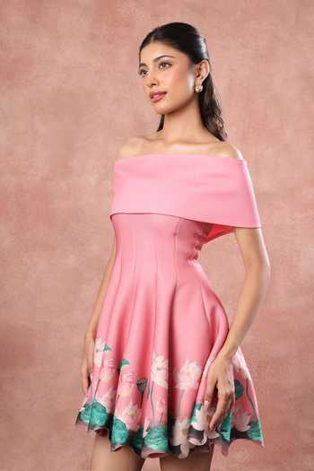 Ozeqo Pink Lycra, Neoprene Off-shoulder Ubud Panel Printed Dress With Draped Wrap Online at Aza Fashions Ozeqo_Pink Lycra, Neoprene Off-shoulder Ubud Panel Printed Dress With Draped Wrap _Online_at_Aza_Fashions
