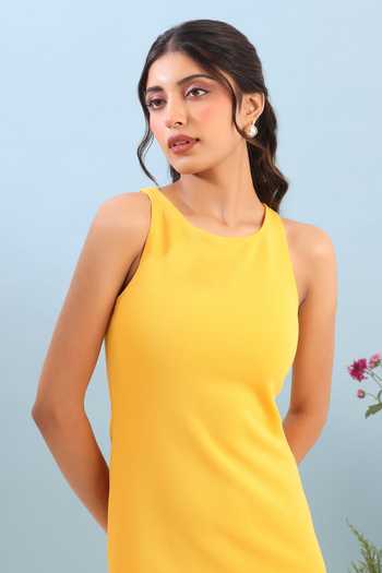 Ozeqo Yellow Lycra, Neoprene Round Neck Wanaka Short Dress Online at Aza Fashions Ozeqo_Yellow Lycra, Neoprene Round Neck Wanaka Short Dress _Online_at_Aza_Fashions