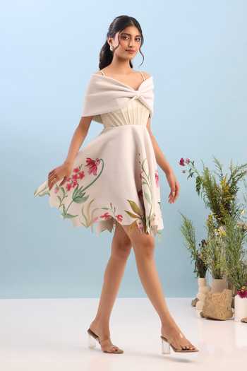 Ozeqo Beige Neoprene Sweetheart Neck Aspen Corset Printed Dress With Draped Bow Online at Aza Fashions Ozeqo_Beige Neoprene Sweetheart Neck Aspen Corset Printed Dress With Draped Bow _Online_at_Aza_Fashions