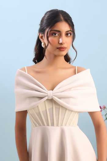 Buy Ozeqo Beige Neoprene Sweetheart Neck Aspen Corset Printed Dress With Draped Bow Online at Aza Fashions Buy_Ozeqo_Beige Neoprene Sweetheart Neck Aspen Corset Printed Dress With Draped Bow _Online_at_Aza_Fashions