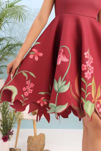Ozeqo Maroon Neoprene Off-shoulder Dorset Short Printed Dress Online at Aza Fashions Ozeqo_Maroon Neoprene Off-shoulder Dorset Short Printed Dress _Online_at_Aza_Fashions