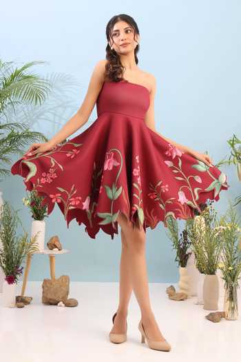 Shop Ozeqo Maroon Neoprene Off-shoulder Dorset Short Printed Dress Online at Aza Fashions Shop_Ozeqo_Maroon Neoprene Off-shoulder Dorset Short Printed Dress _Online_at_Aza_Fashions