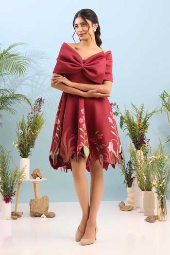 Buy Ozeqo Maroon Neoprene Off-shoulder Dorset Short Printed Dress And Draped Bow Wrap Online at Aza Fashions Buy_Ozeqo_Maroon Neoprene Off-shoulder Dorset Short Printed Dress And Draped Bow Wrap _Online_at_Aza_Fashions
