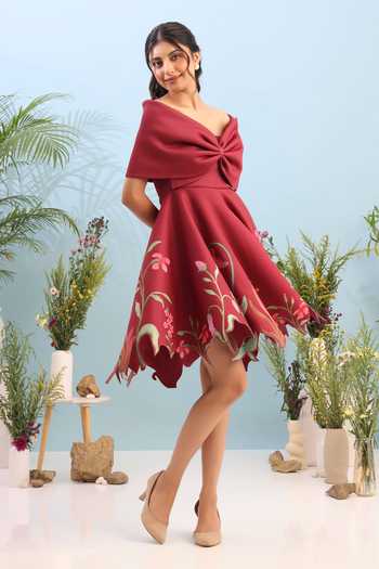 Shop Ozeqo Maroon Neoprene Off-shoulder Dorset Short Printed Dress And Draped Bow Wrap Online at Aza Fashions Shop_Ozeqo_Maroon Neoprene Off-shoulder Dorset Short Printed Dress And Draped Bow Wrap _Online_at_Aza_Fashions