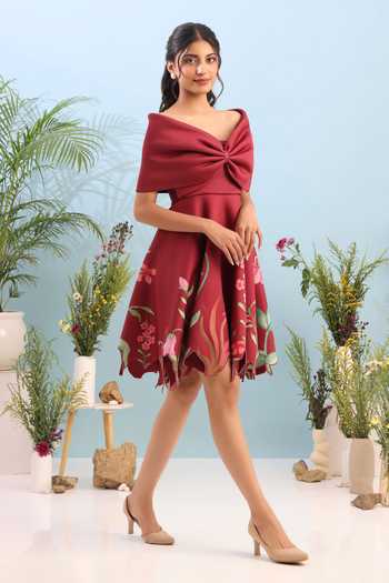 Ozeqo Maroon Neoprene Off-shoulder Dorset Short Printed Dress And Draped Bow Wrap at Aza Fashions Ozeqo_Maroon Neoprene Off-shoulder Dorset Short Printed Dress And Draped Bow Wrap _at_Aza_Fashions