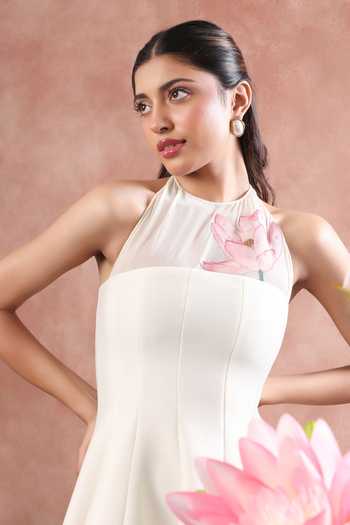 Buy Ozeqo White Net, Neoprene Off-shoulder Hanoi Printed Dress With Stretch Bodysuit Online at Aza Fashions Buy_Ozeqo_White Net, Neoprene Off-shoulder Hanoi Printed Dress With Stretch Bodysuit _Online_at_Aza_Fashions