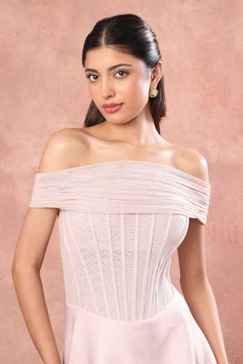 Ozeqo Pink Net, Neoprene Off-shoulder Hue Corset Printed Dress With Sheer Overlay Online at Aza Fashions Ozeqo_Pink Net, Neoprene Off-shoulder Hue Corset Printed Dress With Sheer Overlay _Online_at_Aza_Fashions