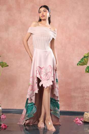 Buy Ozeqo Pink Net, Neoprene Off-shoulder Hue Corset Printed Dress With Sheer Overlay Online at Aza Fashions Buy_Ozeqo_Pink Net, Neoprene Off-shoulder Hue Corset Printed Dress With Sheer Overlay _Online_at_Aza_Fashions