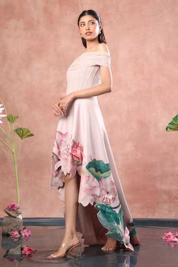 Ozeqo Pink Net, Neoprene Off-shoulder Hue Corset Printed Dress With Sheer Overlay at Aza Fashions Ozeqo_Pink Net, Neoprene Off-shoulder Hue Corset Printed Dress With Sheer Overlay _at_Aza_Fashions