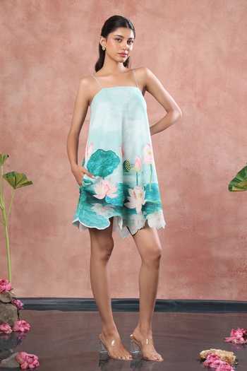 Ozeqo Green Neoprene Square Neck Inle Short Printed Dress at Aza Fashions Ozeqo_Green Neoprene Square Neck Inle Short Printed Dress _at_Aza_Fashions