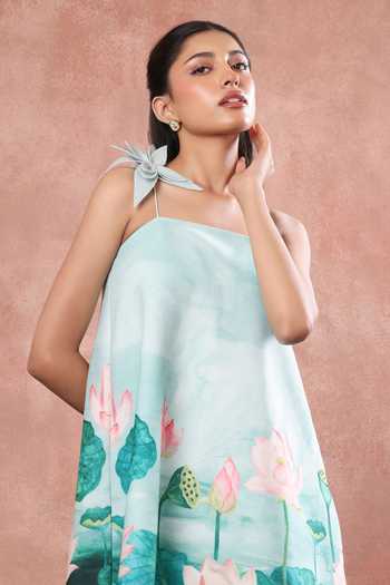 Ozeqo Green Neoprene Square Neck Inle Printed Dress With Flower Brooch Online at Aza Fashions Ozeqo_Green Neoprene Square Neck Inle Printed Dress With Flower Brooch _Online_at_Aza_Fashions