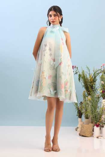 Ozeqo Multi Color Organza, Neoprene Applique Montana Short Printed Dress With Overlay Online at Aza Fashions Ozeqo_Multi Color Organza, Neoprene Applique Montana Short Printed Dress With Overlay _Online_at_Aza_Fashions