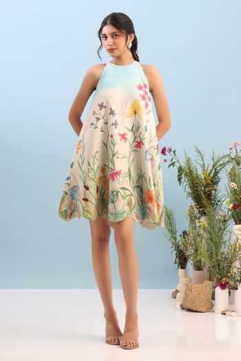 Shop Ozeqo Multi Color Organza, Neoprene Applique Montana Short Printed Dress With Overlay Online at Aza Fashions Shop_Ozeqo_Multi Color Organza, Neoprene Applique Montana Short Printed Dress With Overlay _Online_at_Aza_Fashions