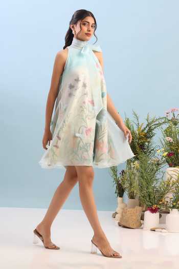 Ozeqo Multi Color Organza, Neoprene Applique Montana Short Printed Dress With Overlay at Aza Fashions Ozeqo_Multi Color Organza, Neoprene Applique Montana Short Printed Dress With Overlay _at_Aza_Fashions