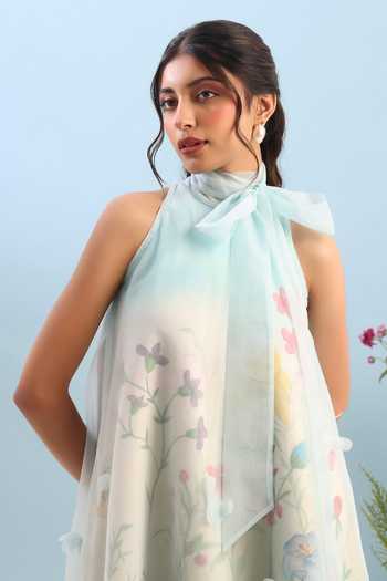 Buy Ozeqo Multi Color Organza, Neoprene Applique Montana Short Printed Dress With Overlay Buy_Ozeqo_Multi Color Organza, Neoprene Applique Montana Short Printed Dress With Overlay